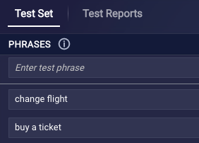A close-up view of the Test Set tab of the Model Tester, where you can manually add phrases to the test set