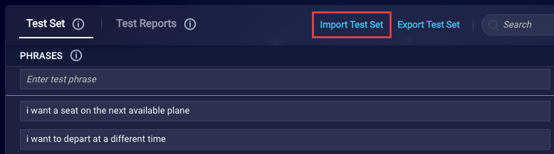 Import Test Set link on the Test Set tab of the Model Tester