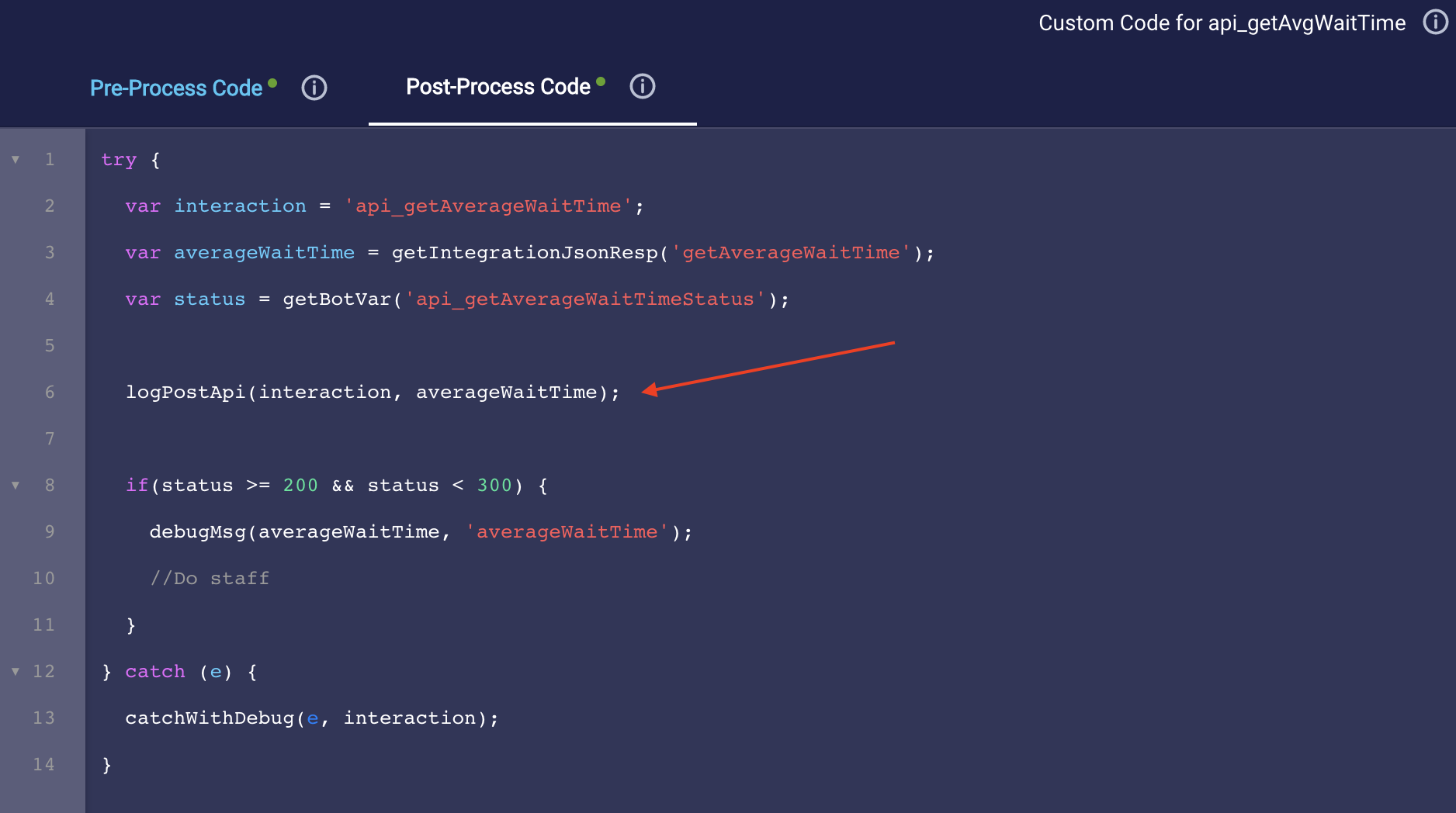 Example code in the Post-Process Code panel to save the full response