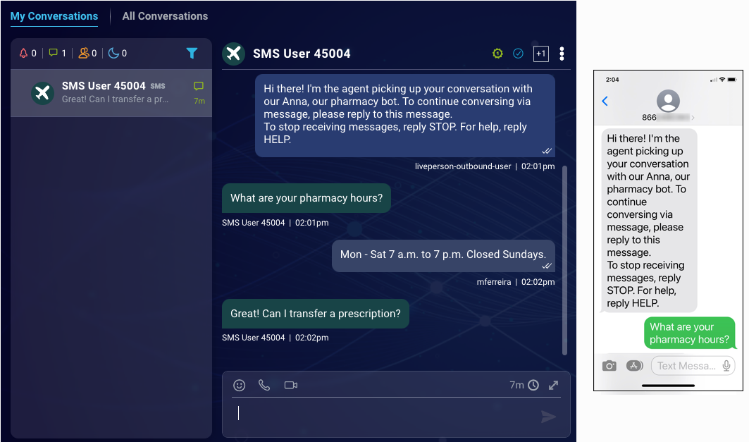 An example of a conversation transferred from voice to messaging, with a view of the Agent Workspace and the consumer's mobile phone