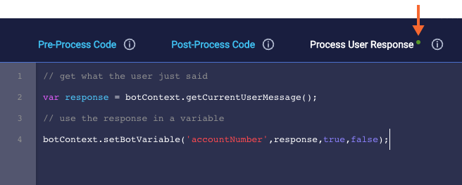 The green dot that indicates the presence of custom code in the code panel