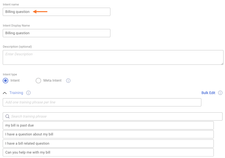 An example intent in Intent Manager, this one for a Billing question