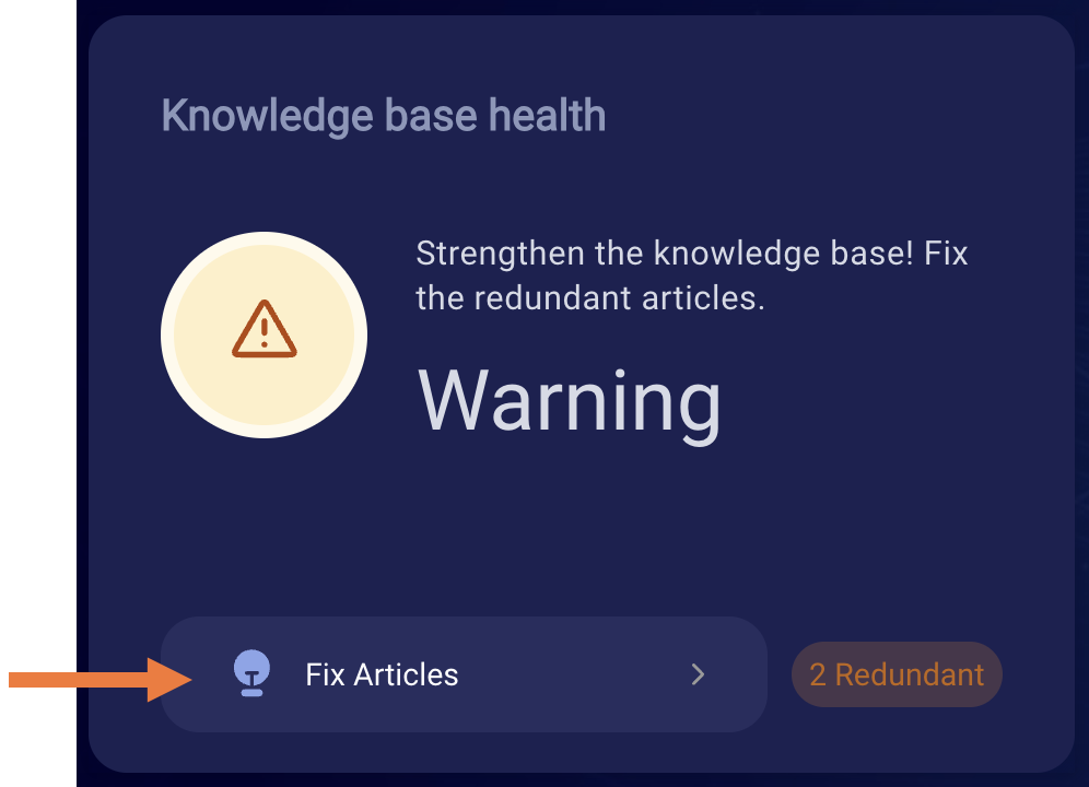 The Knowledge Base Health card on the Summary page, with a callout to the Fix Articles button