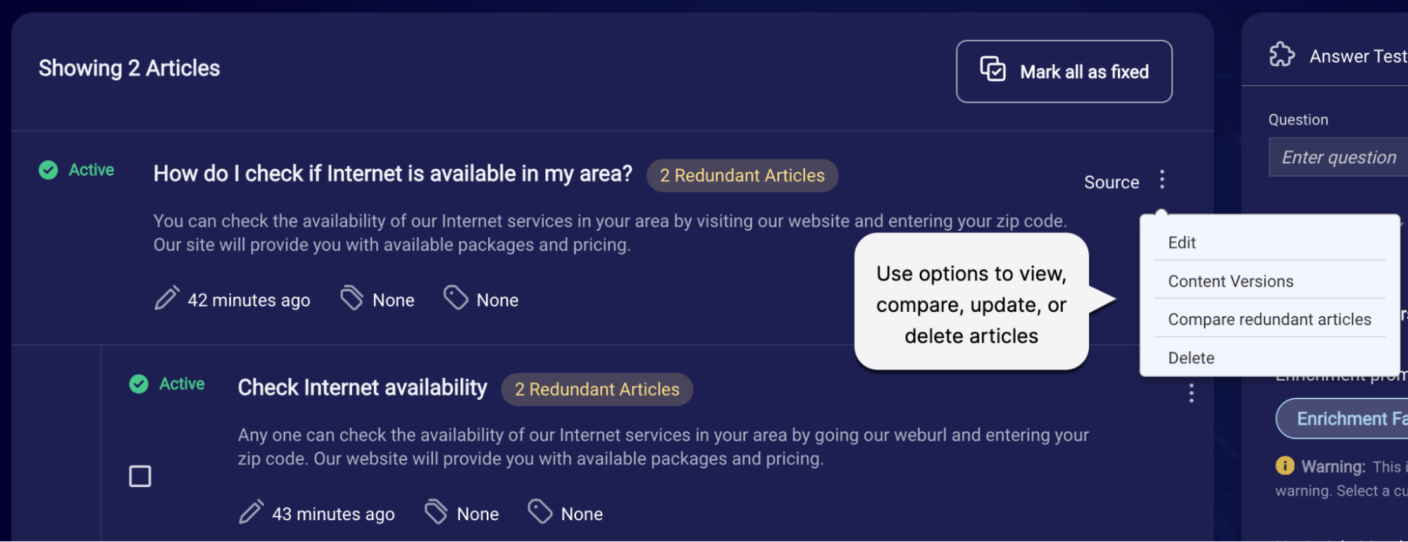 The options to view, compare, update, or delete articles