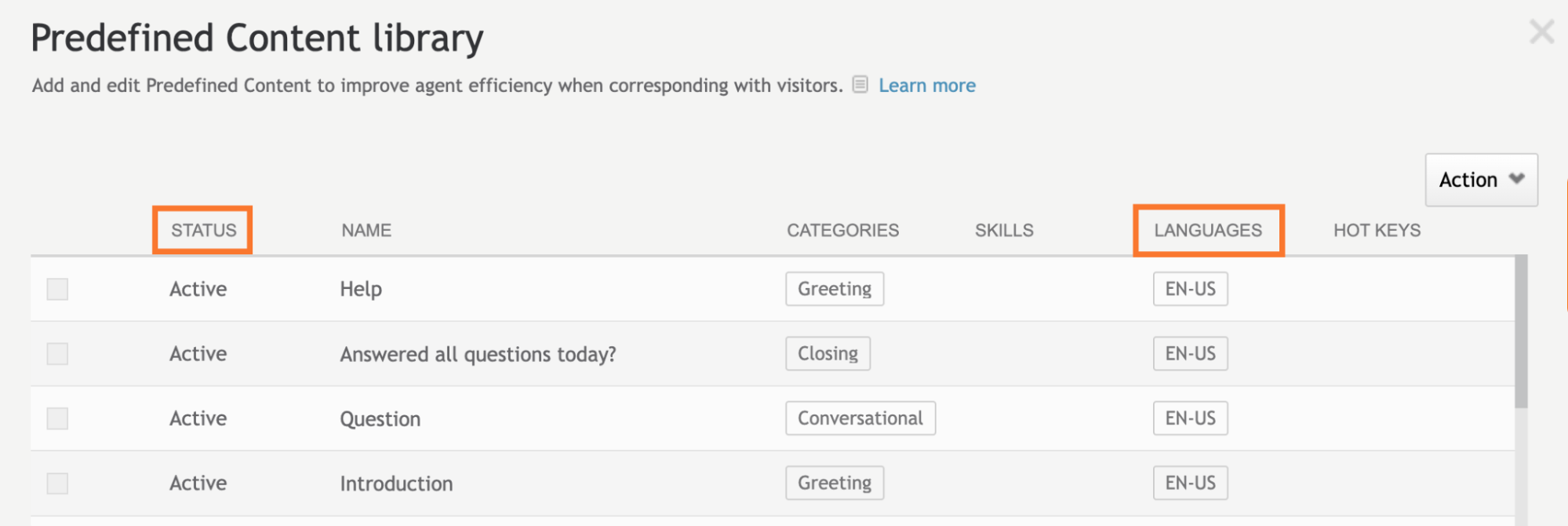 The Predefined Content library, with a list of messages and a callout to the Status and Language columns