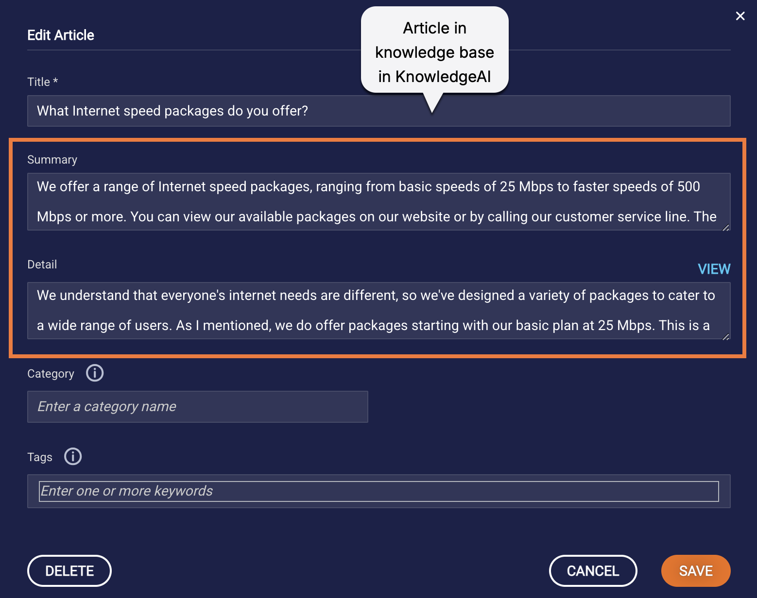 An example article with a callout to the distinct Summary and Detail fields