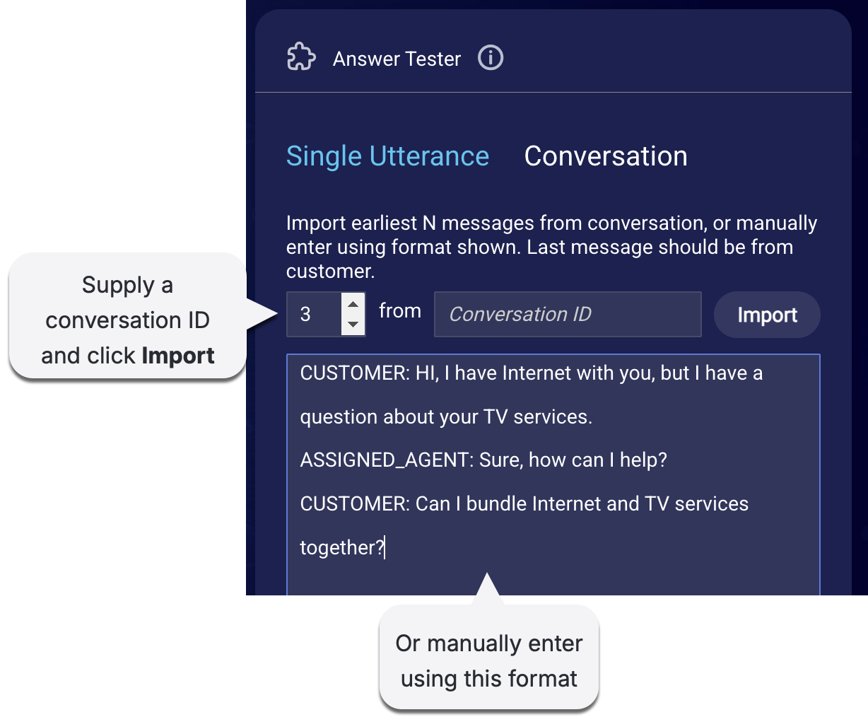 The Conversation tab in the testing tool, where you can search knowledge bases using a series of messages in a conversation