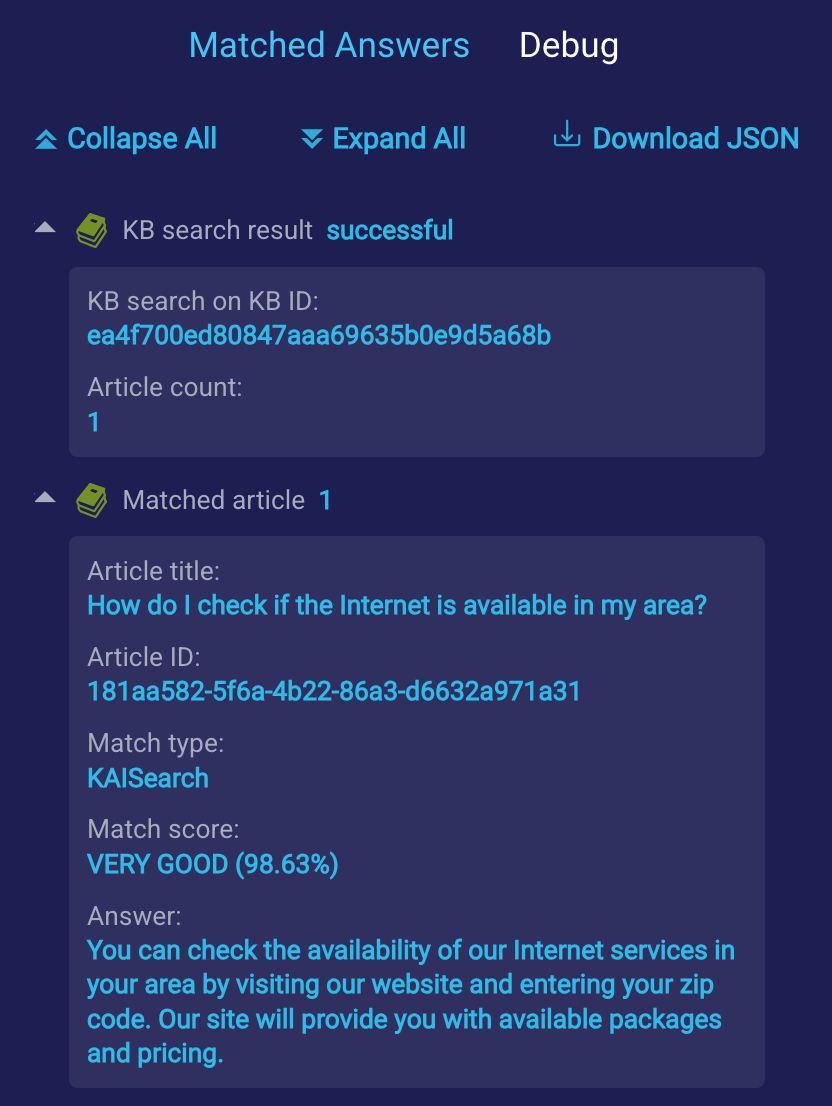 The section of the testing tool that makes available the debug logs for the seach process