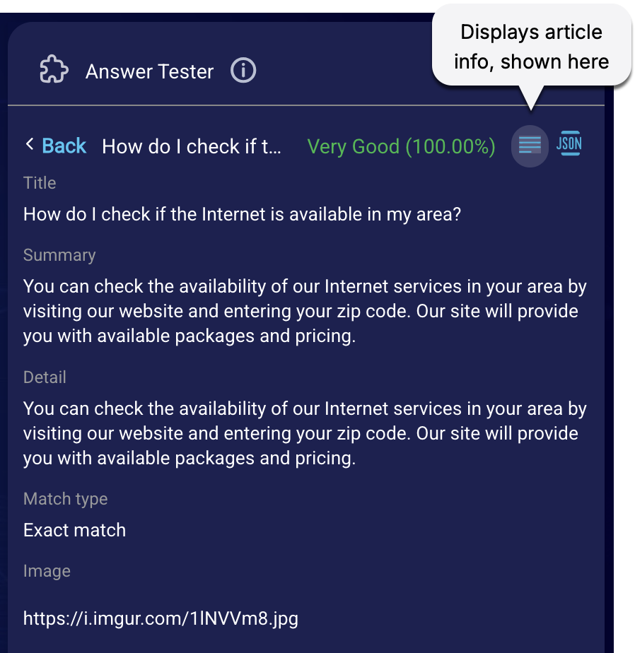 Detailed article info on an answer matched to the search