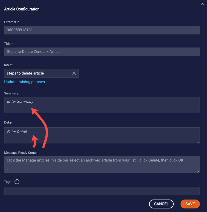 Summary and Detail fields that are empty on the Article Configuration page