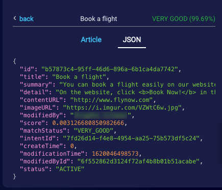 The view of the JSON tab after you select a result