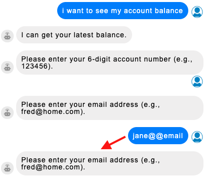 Preview of the conversation, showing how the bot request for the consumer's email address is repeated