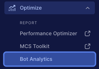 The Optimize menu with the Bot Analytics menu option highlighted