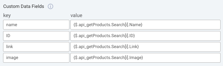Some example custom data fields in an API integration