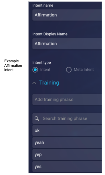 An intent named Affirmation with training phrases for ok, yeah, yep, and so on