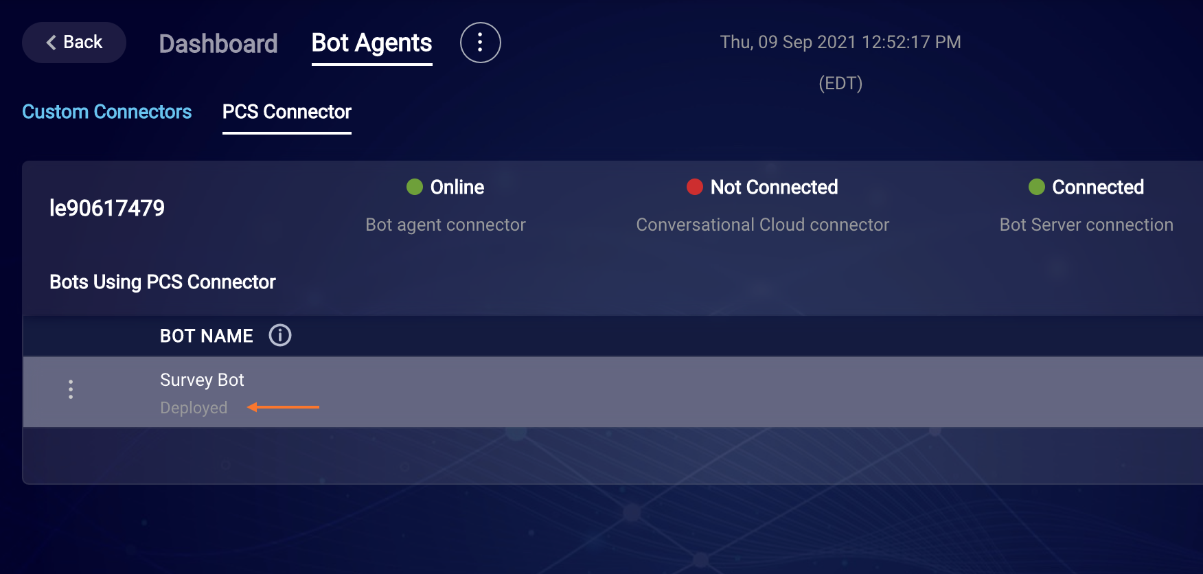 The PCS Connector tab on the Bot Agents page in Bots Status