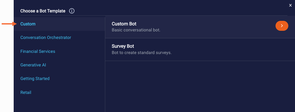 The Choose a Bot Template window, which shows the two custom types: custom and survey