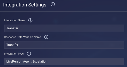 Some of the integration settings for the Transfer integration