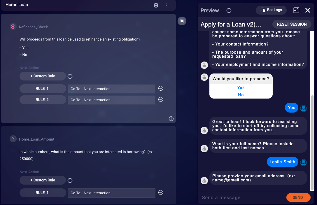 The Home Loan dialog in a bot created from the Apply for a Loan bot template, with a sample conversation shown in the Preview tool