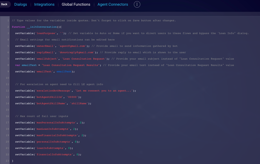 The Global Functions page in the bot