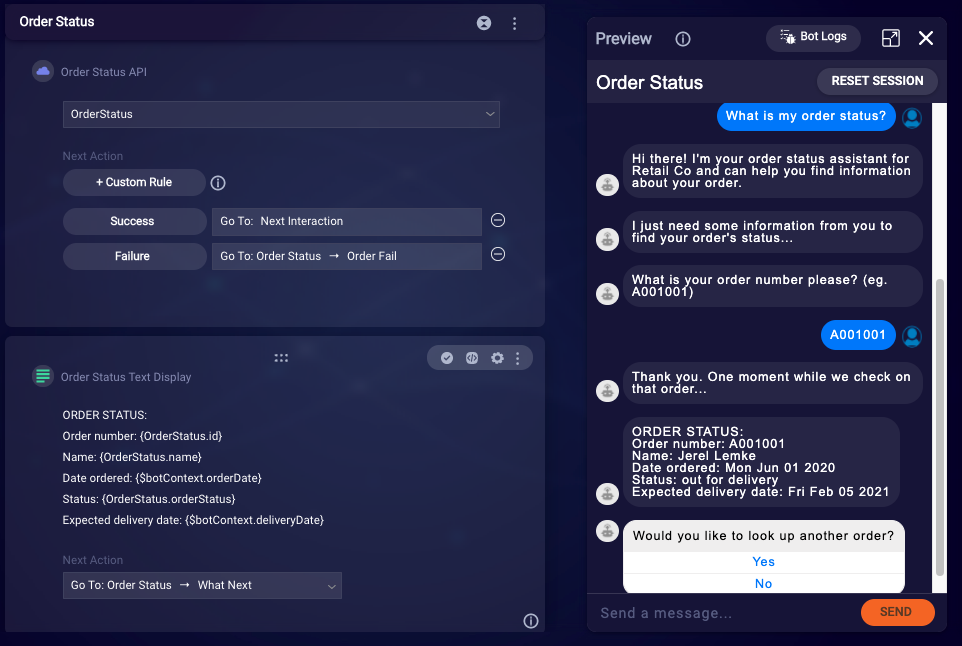 The Order Status dialog in a bot created from the Order Status bot template, with an example conversation shown in the Preview tool