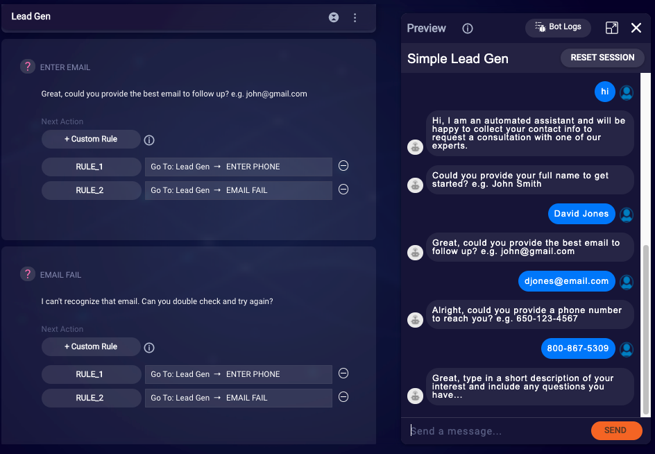 The Lead Gen dialog in a bot created from the Simple Lead Gen bot template