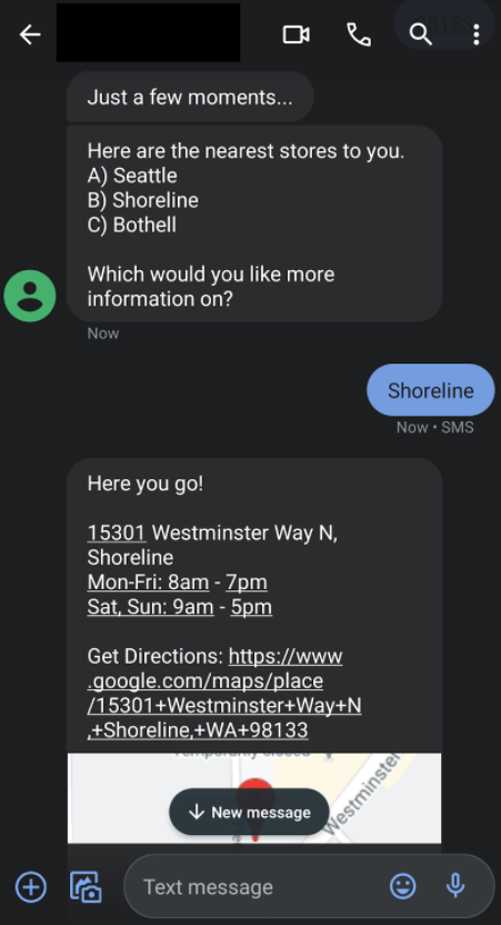 A second example of returning location info in a conversation with a consumer