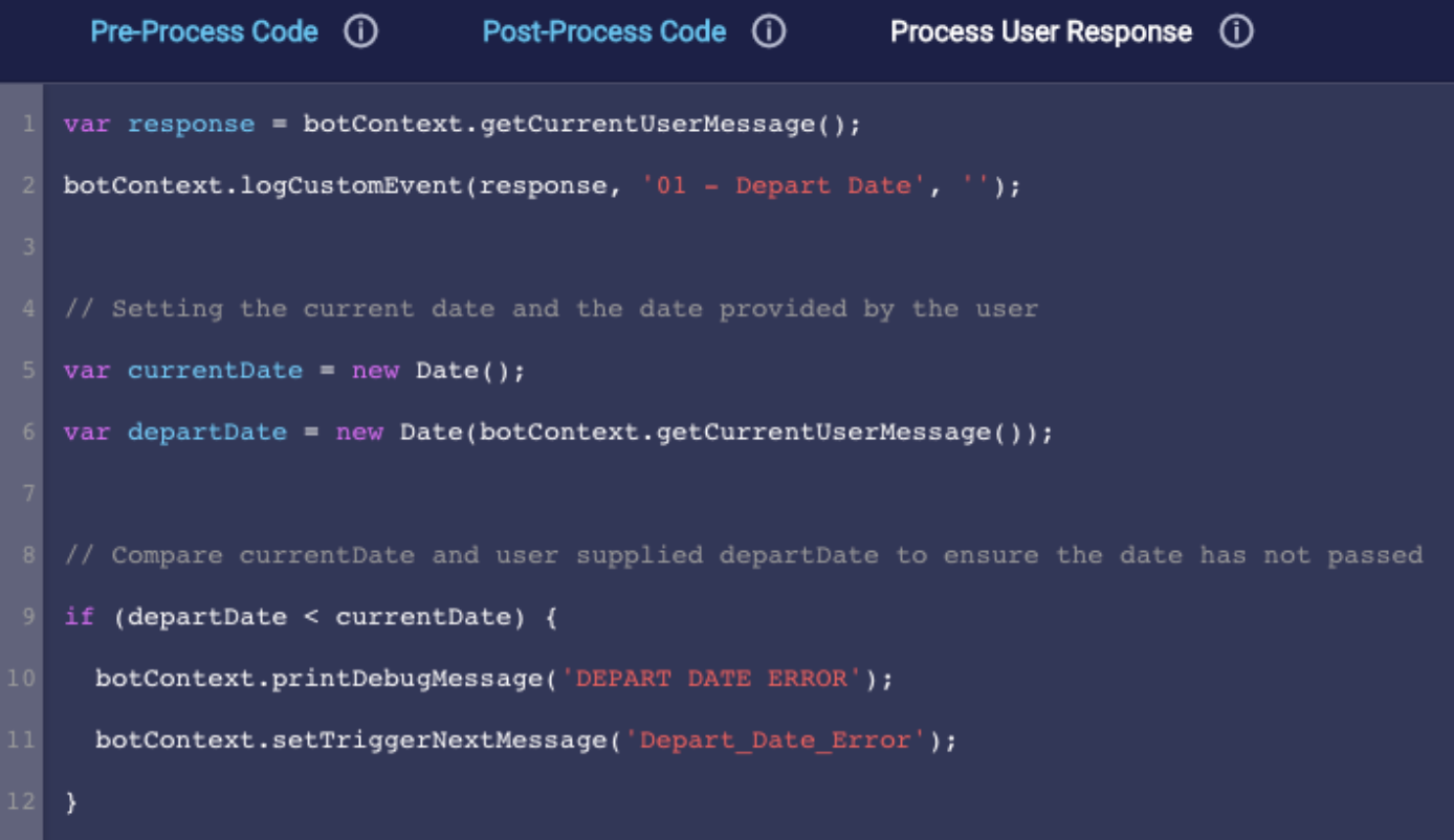 Some example code in the Process User Response code panel in the interaction