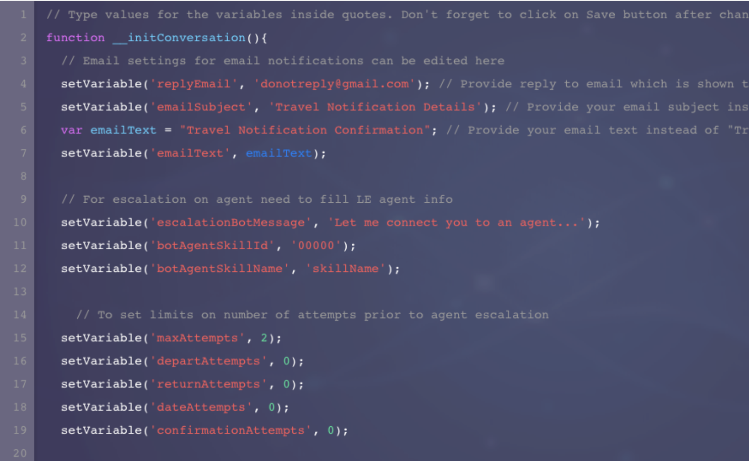 Some of the code for the initConversation function on the Global Functions page in the bot