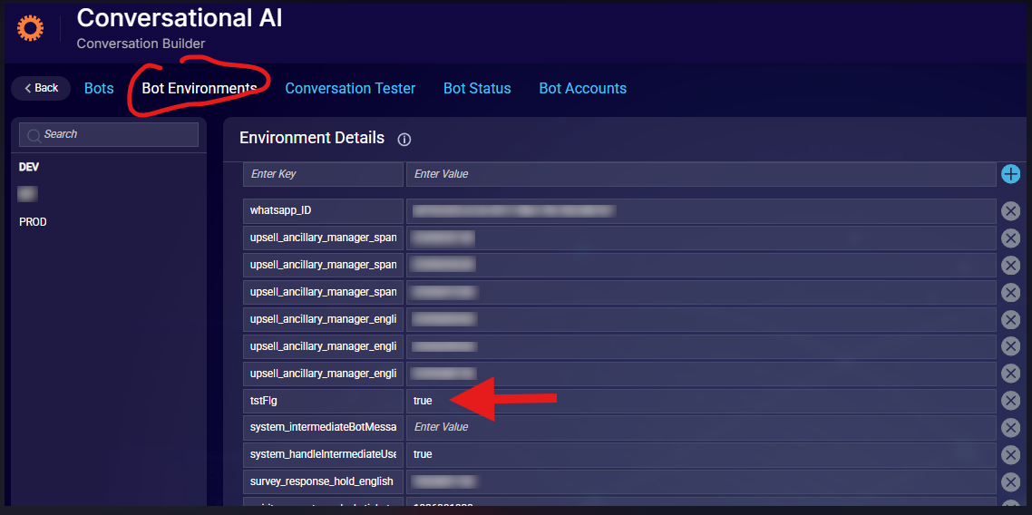 The Bot Environment Variables page with a callout to a tstFlg environment variable
