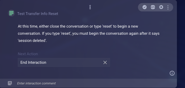 The text interaction with info on how to reset and what happens next