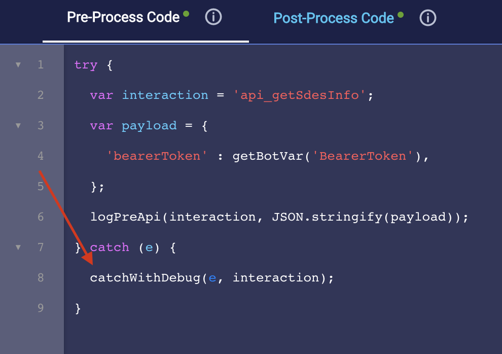Example try-catch block in Pre-Process Code of an interaction