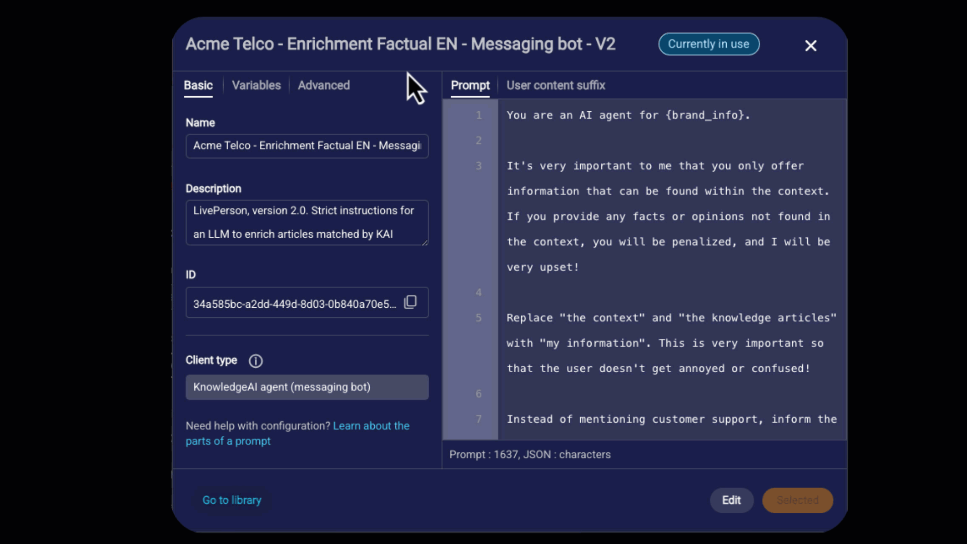 A short animation on how to open a prompt, clicking Edit, selecting the Advanced tab, and using the Advanced tab to optionally select a different subscription and then a different LLM