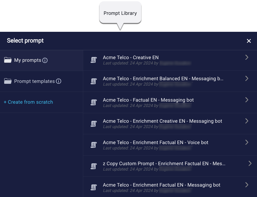A view of the Prompt Library with the account's prompts listed