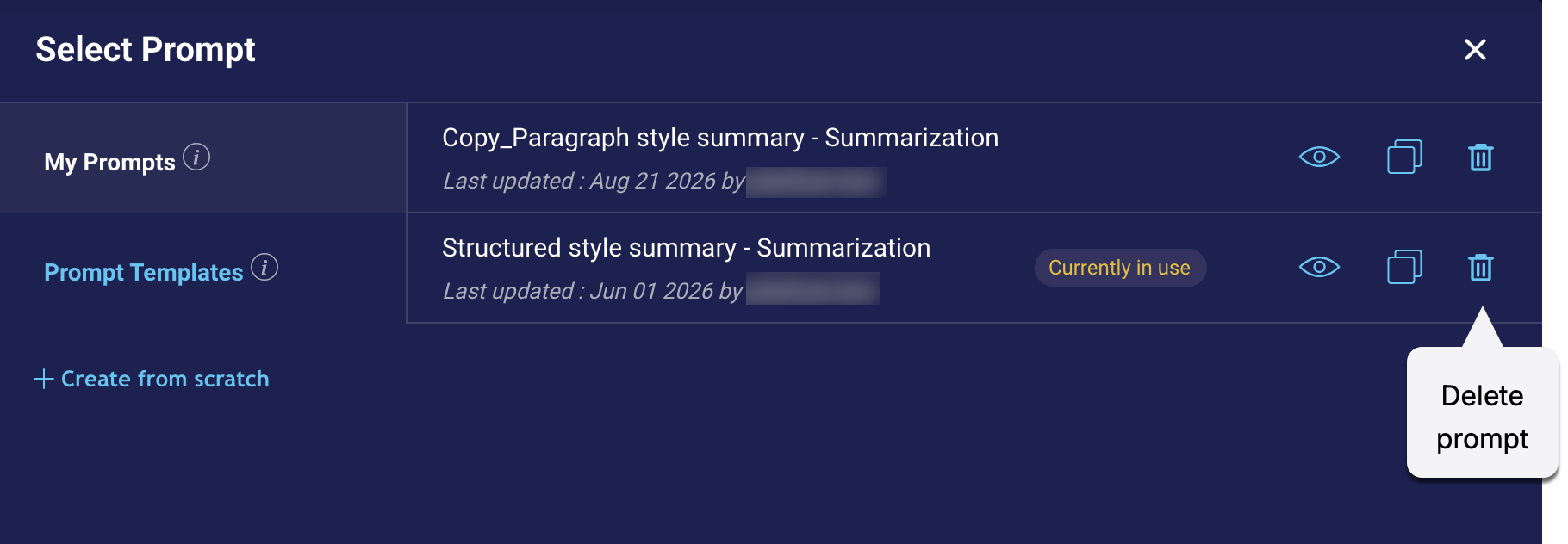 A callout to the delete icon for a prompt in the list view