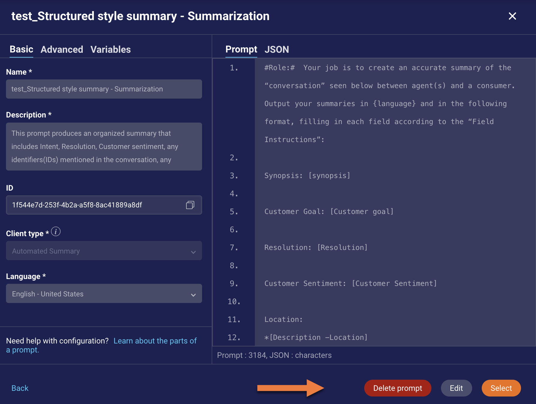 A callout to the Delete Prompt button within an open prompt
