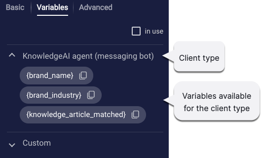A callout to the client type-specific variables in a prompt