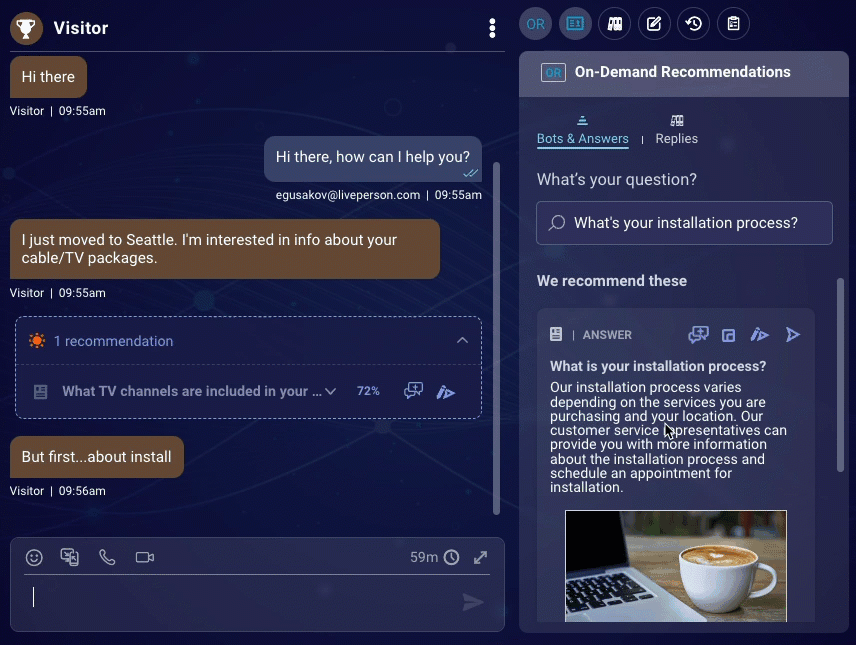 An agent using the Bots and Answers tab of the On-Demand Recommendations widget to find a rich answer and to edit the text of that answer