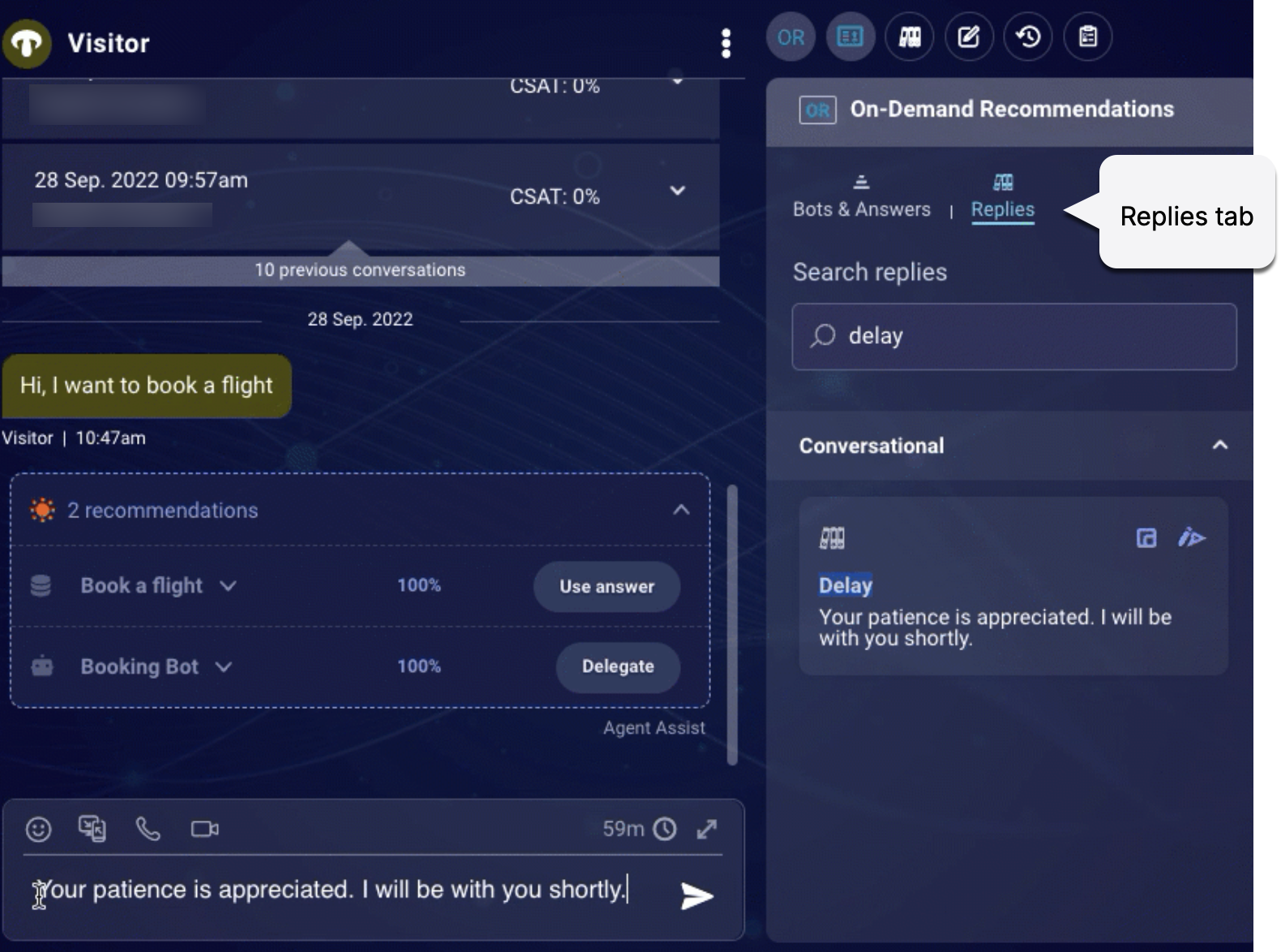 The Replies tab in the On-Demand Recommendations widget