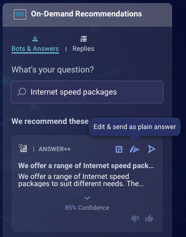 The tooltip for an enriched answer offered via the On-Demand Recommendations widget, where the tooltip indicates the agent can edit the answer before sending