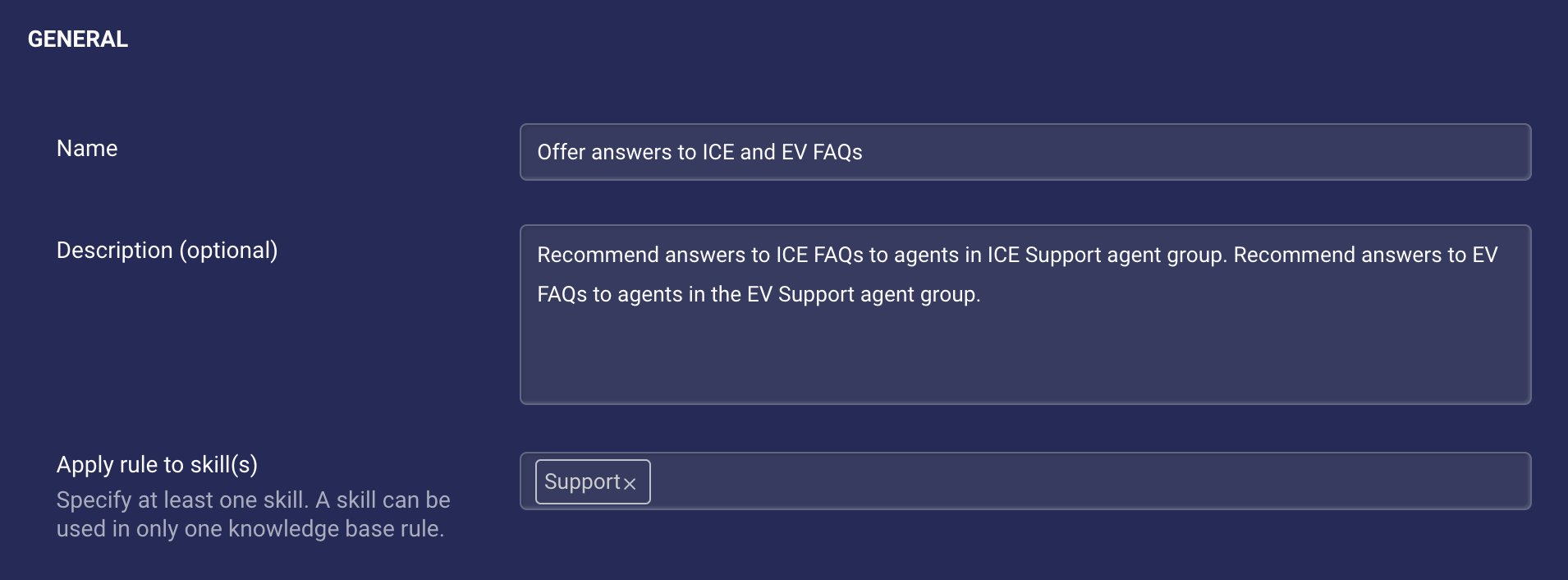The section of a knowledge base rule that contains general settings