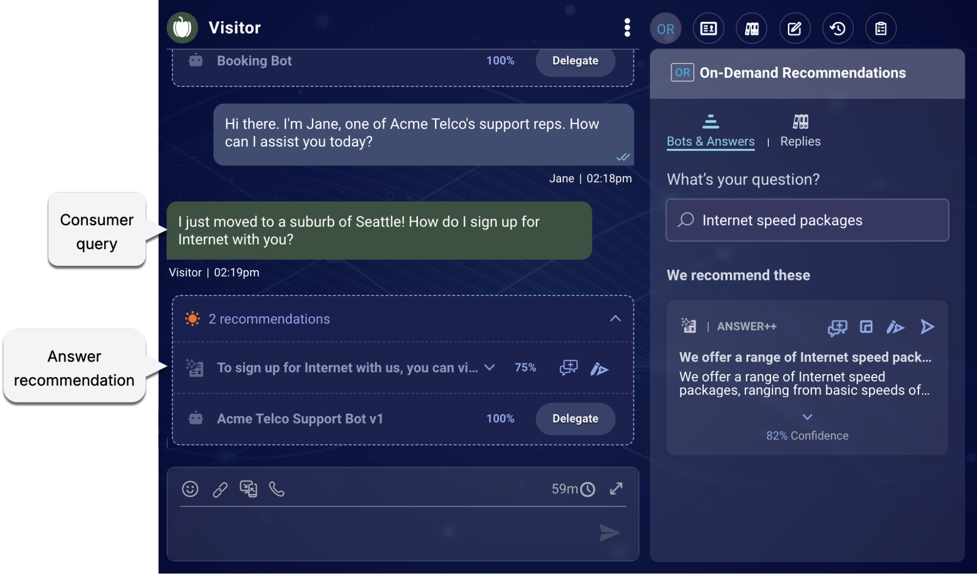 Example conversation with agent, showing two recommendations offered, one an answer, the other a bot, with a callout to the answer recommendation