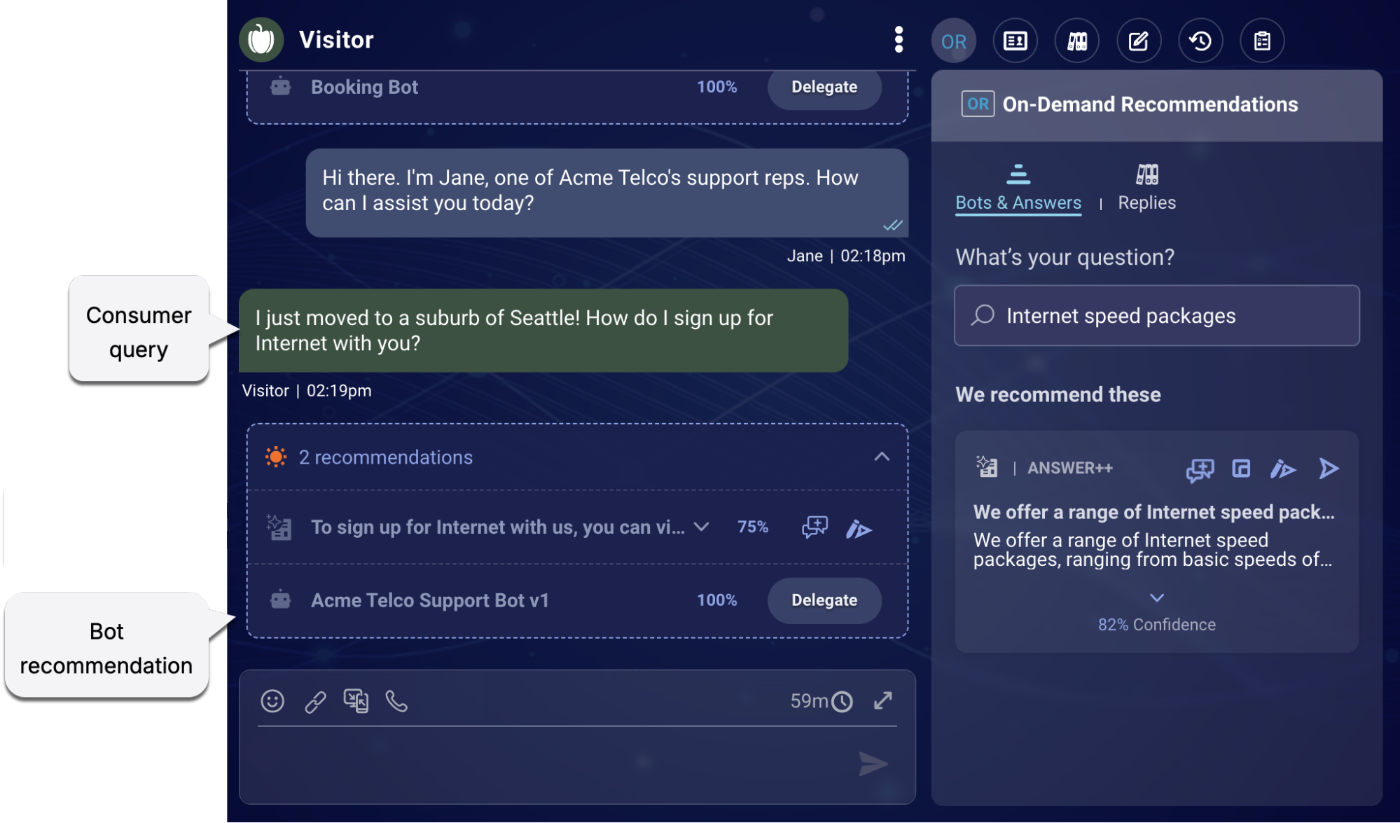 Example conversation with agent, showing two recommendations offered, one an answer, the other a bot, with a callout to the bot recommendation
