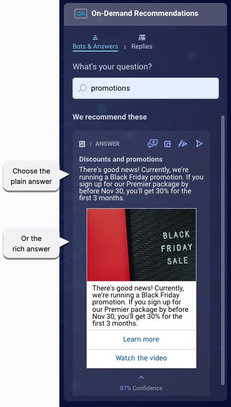 Rich answers being offered to the agent along with plain answers, via the On-Demand Recommendations widget