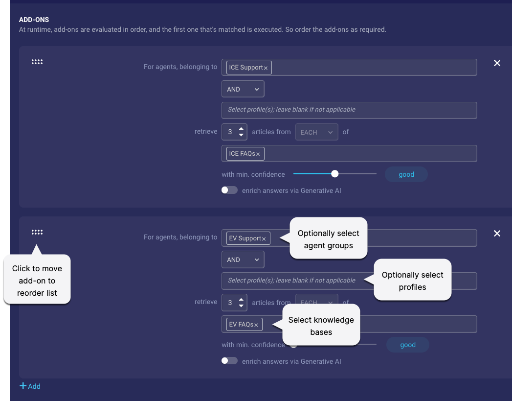 Add-on attributes of a rule, with a callout to the move icon that can be used for reordering add-ons