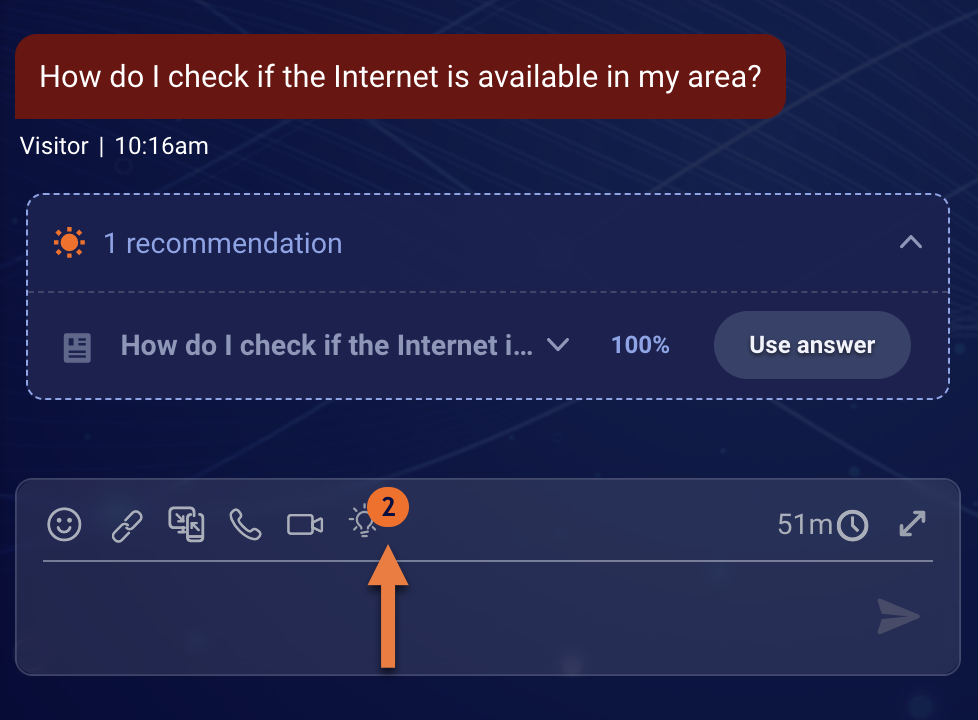A callout to the unique recommendations icon with a badge showing two recommendations have been offered in the conversation