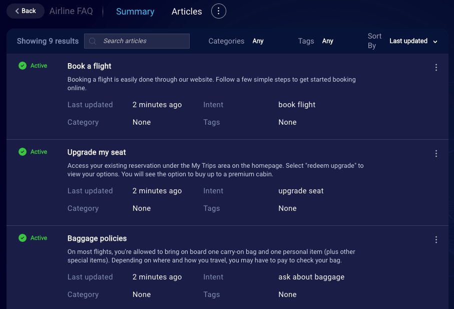A list of three active articles in the Airline FAQ knowledge base
