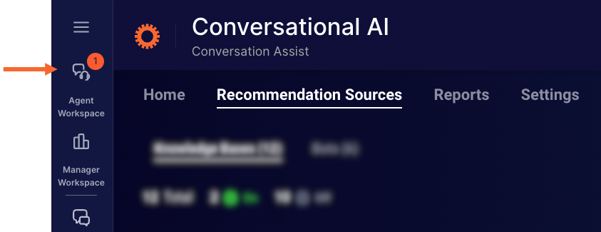 The notification badge on the left-hand menu in Conversational Cloud to accept an incoming conversation with a consumer