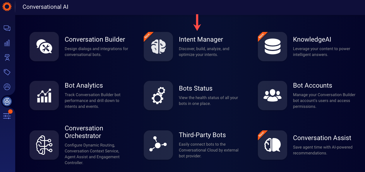 The Intent Manager access point on the dashboard that displays all the Conversational AI applications
