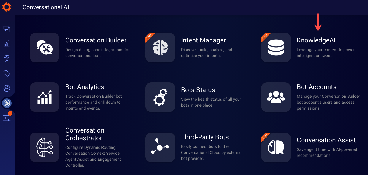 The KnowledgeAI access point on the dashboard that displays all the Conversational AI applications